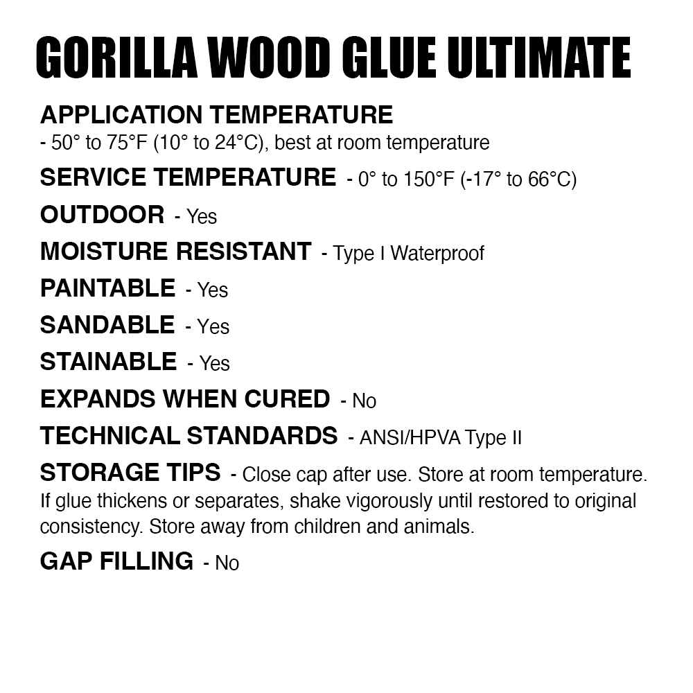 The Gorilla Glue Company - Our most durable wood glue formula. Gorilla Wood  Glue Ultimate passes the ANSI/HPVA Type 1 water-resistance and provides a  15 minute open working time. #gorillaglue #woodglue #woodworker #